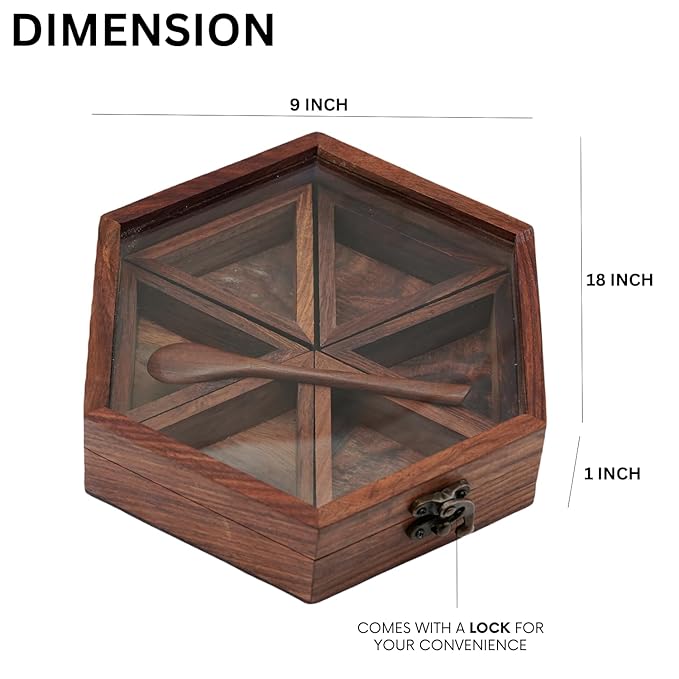 Hexagonal Sheesham Wood Masala Box - 6 Containers & Spoon