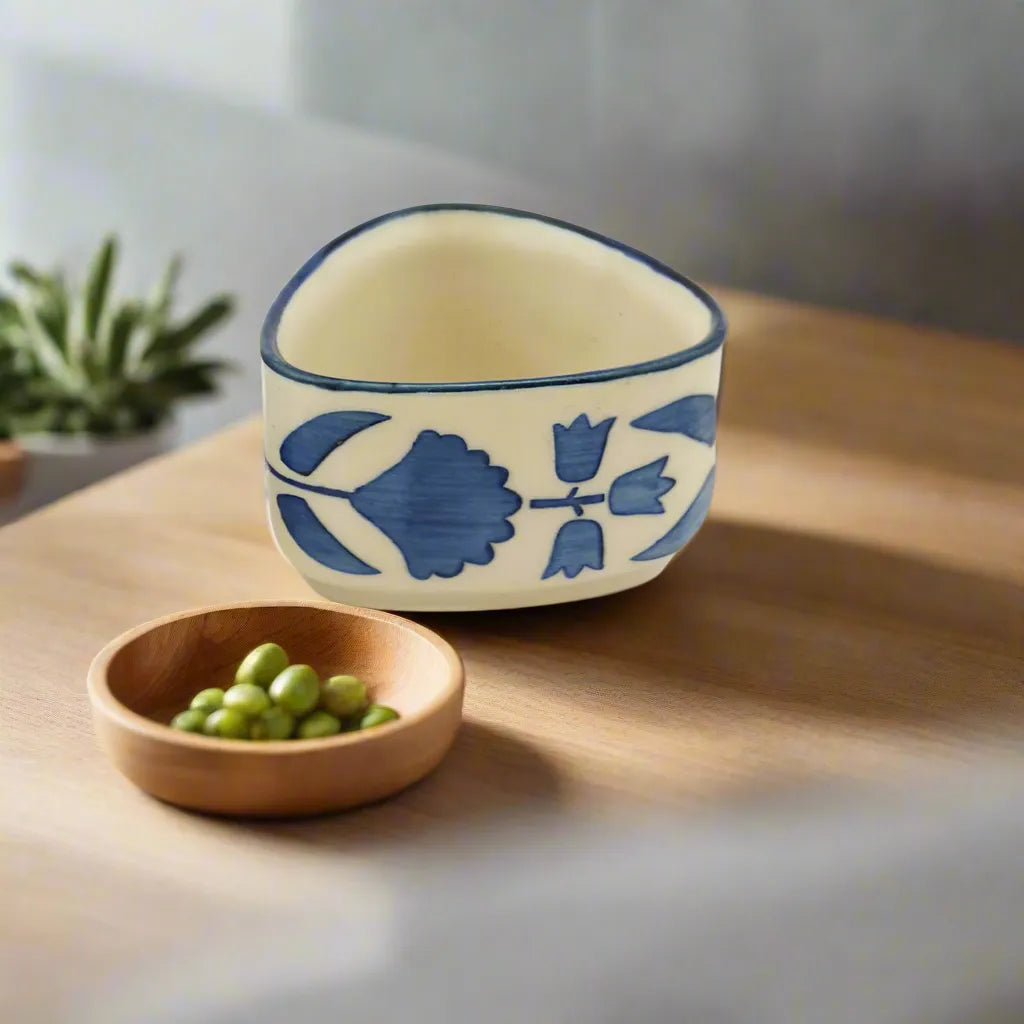 Blue & White Flower Design Hand Painted Ceramic Dip Bowls