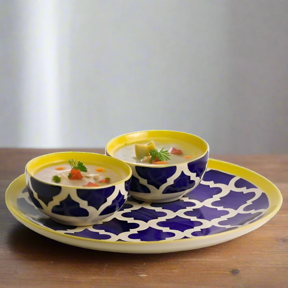 Premium Moroccan Hand Painted Dinner Set : 2 Dinner Plates, 2 Snacks Plates and 2 Bowls