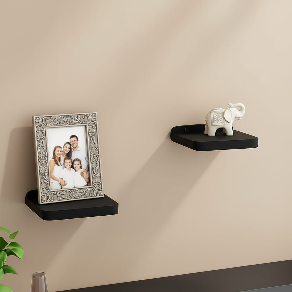 Matte Black Floating Wall Shelves – Wooden - Set of 2