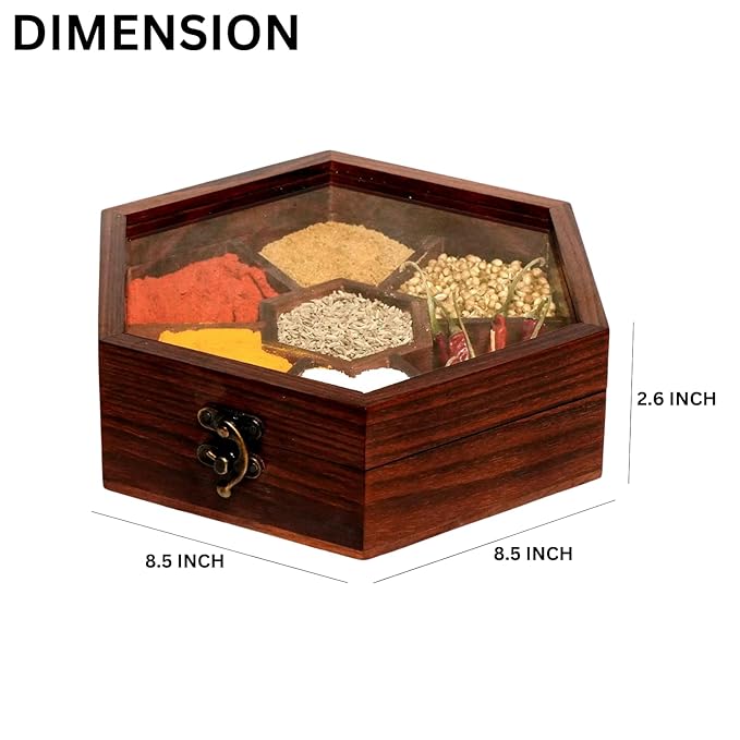 Elegant Sheesham Hexagonal Spice Box with Glass Lid & Spoon