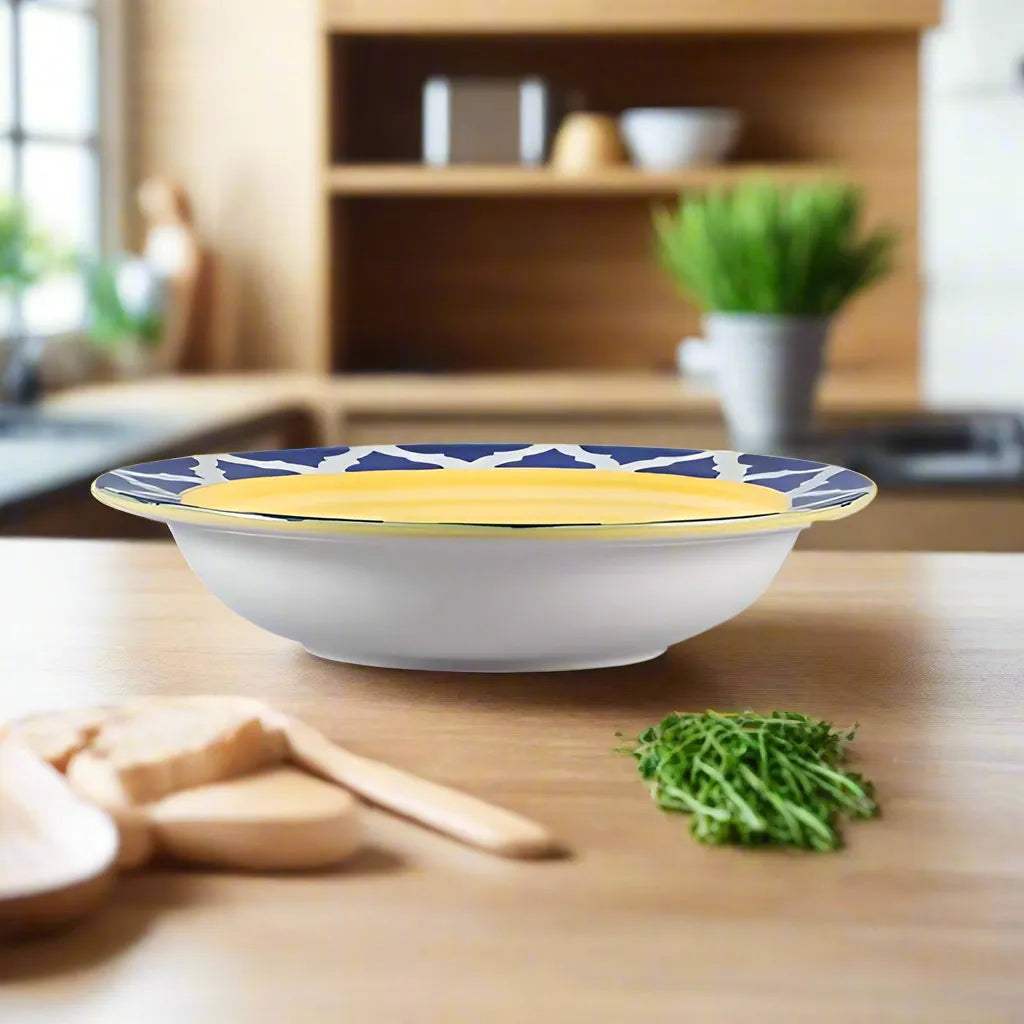 Blue, White & Yellow Ceramic Soup/Maggi/Pasta Plates - Set of 4