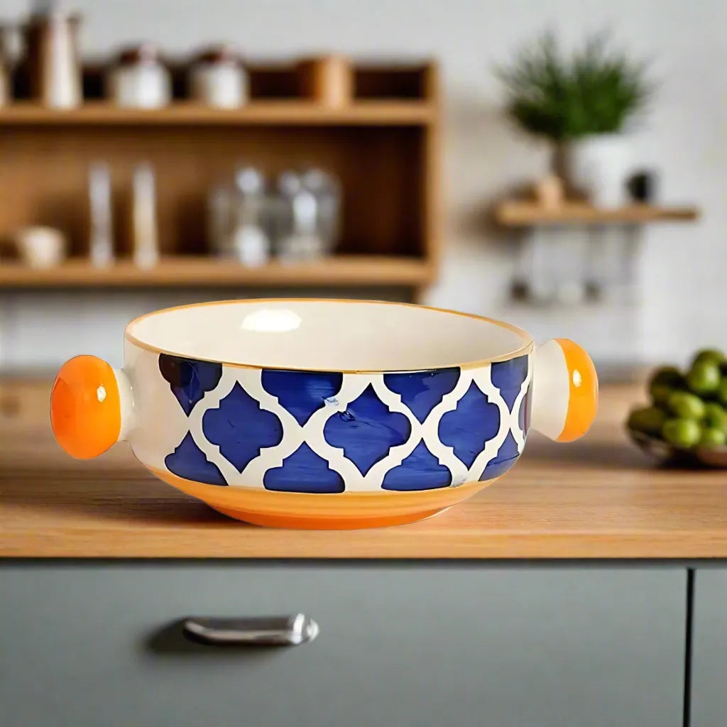 Blue & Yellow Moroccan Ceramic Soup/Serving Bowls with Handles - 300 ml