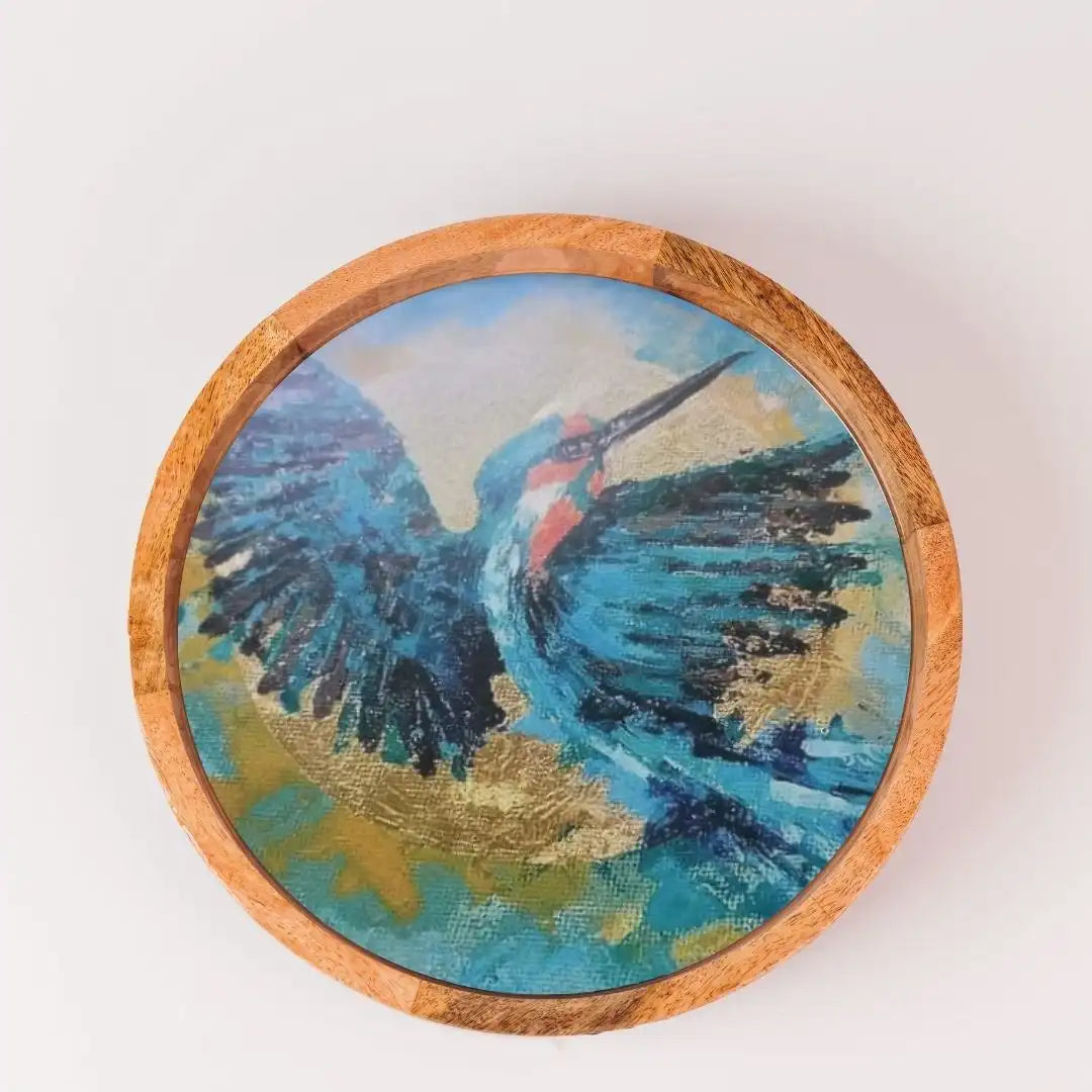 Elegant Blue Kingfisher Print Wooden Serveware
