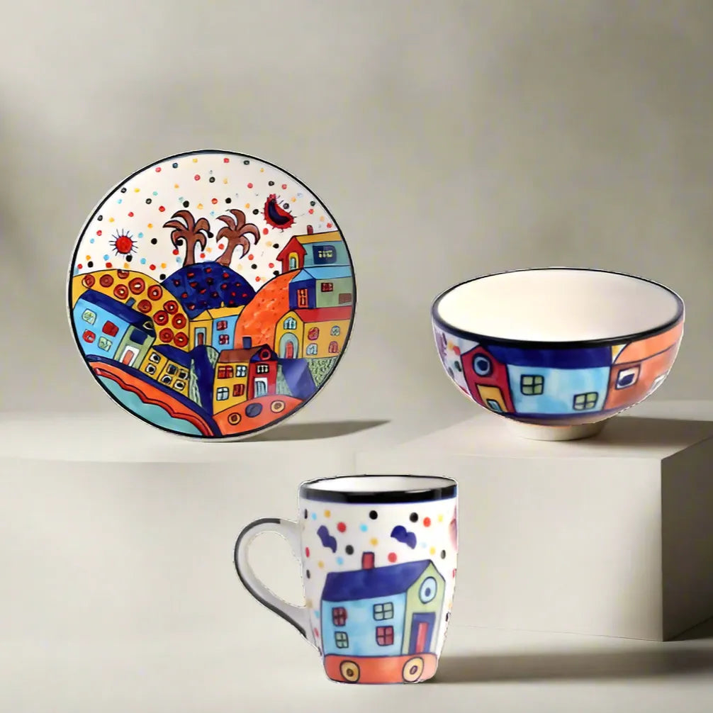 Hut Design Hand-Painted Multicolor Dinner Set - 2 Plates, 2 Bowls & 2 Mugs