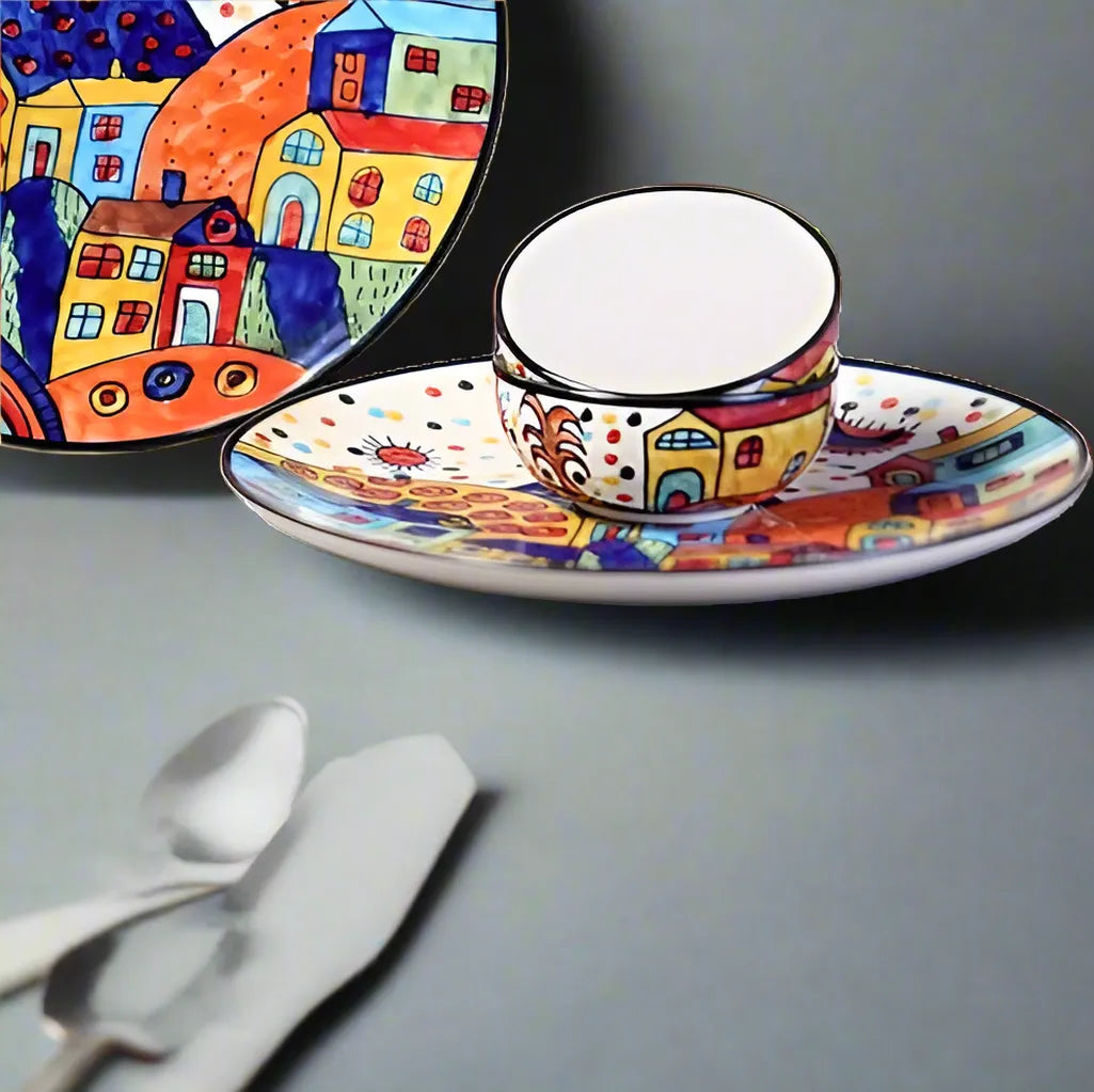 Hand-Painted Hut Design Ceramic Dinner Plate with 2 Serving Bowls