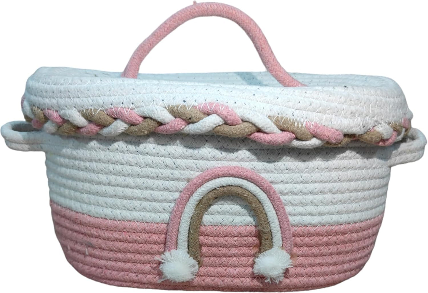 Pink & White Cotton Rope Storage Basket with Lid