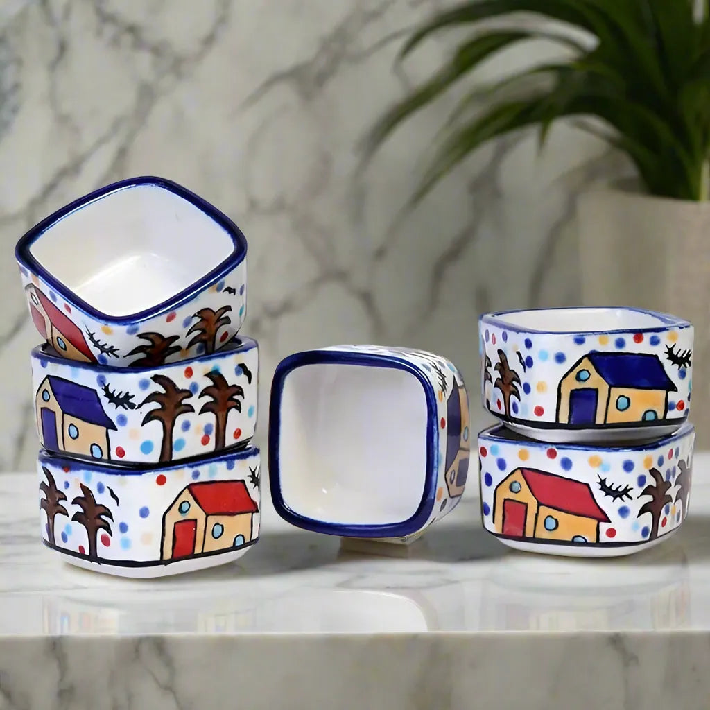 Hut Design Hand Painted Ceramic Dip Bowls