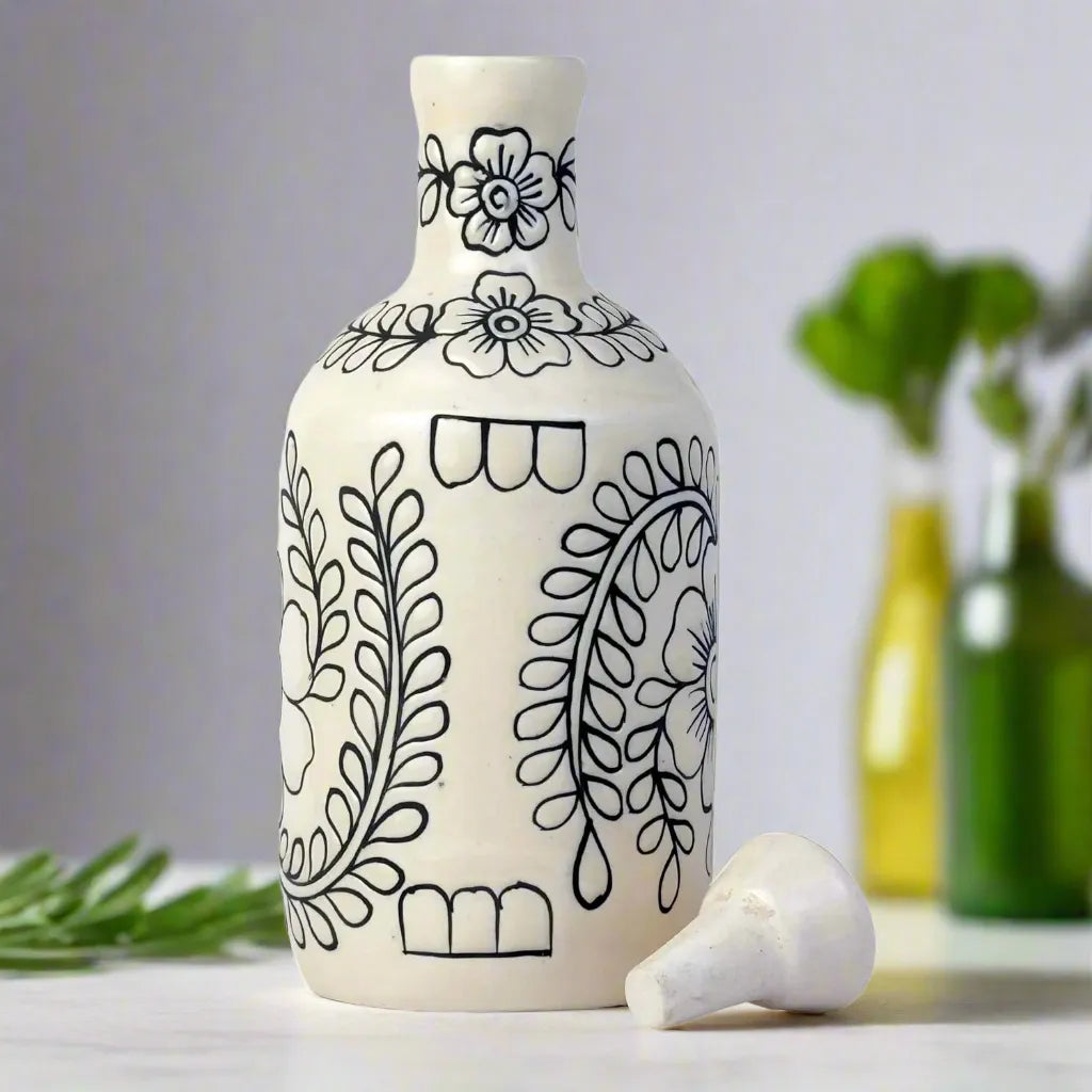 Ceramic Food & Microwave Safe Oil Dispenser with Black Floral Art - 1000 ml