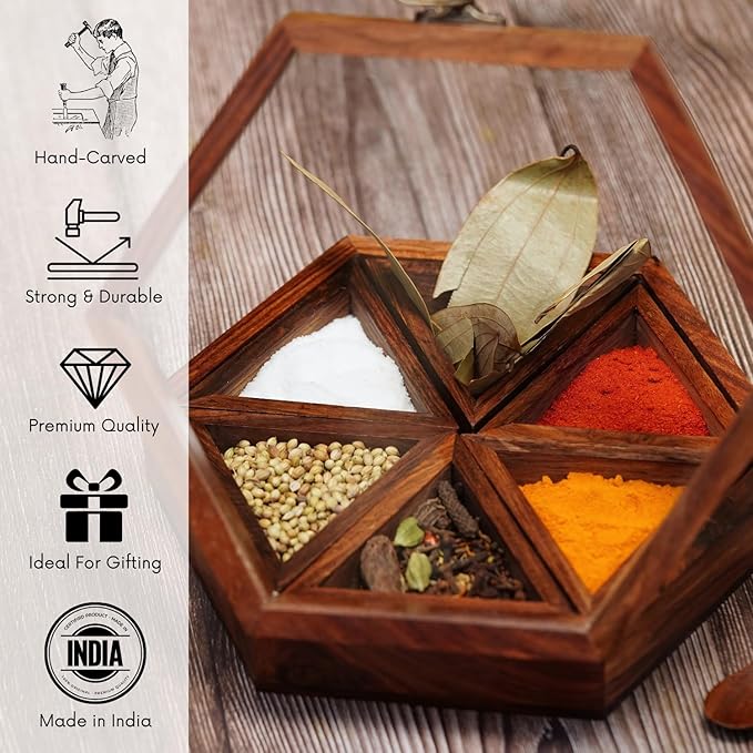 Hexagonal Sheesham Wood Masala Box - 6 Containers & Spoon
