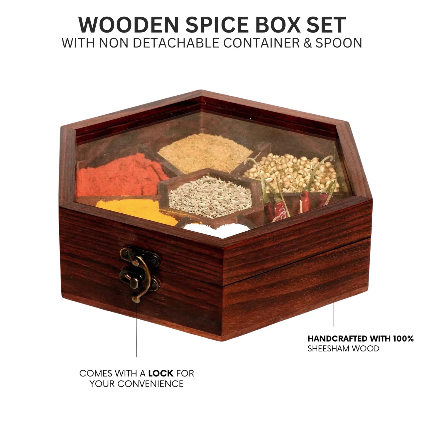 Elegant Sheesham Hexagonal Spice Box with Glass Lid & Spoon