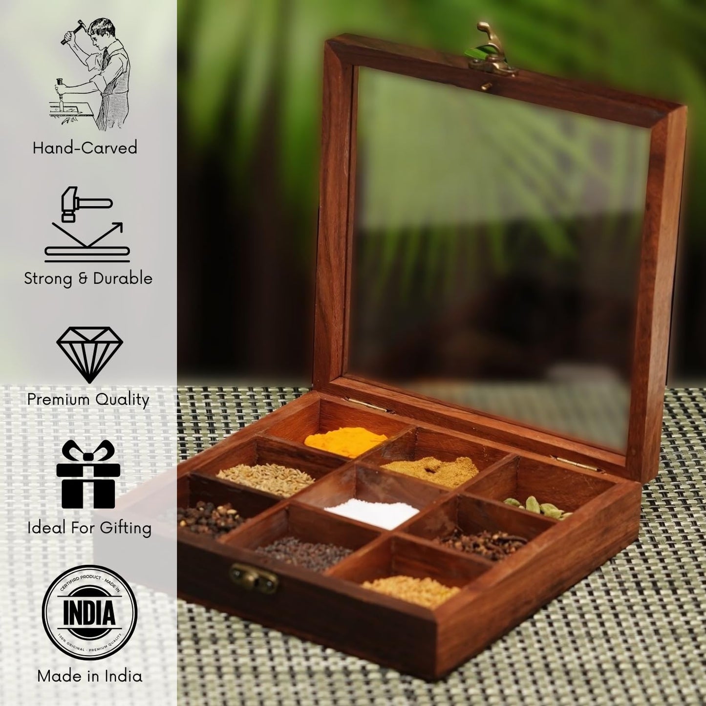 Sheesham Wood Masala Box – 9 Partition Non Detachable Spice Organizer with Spoon