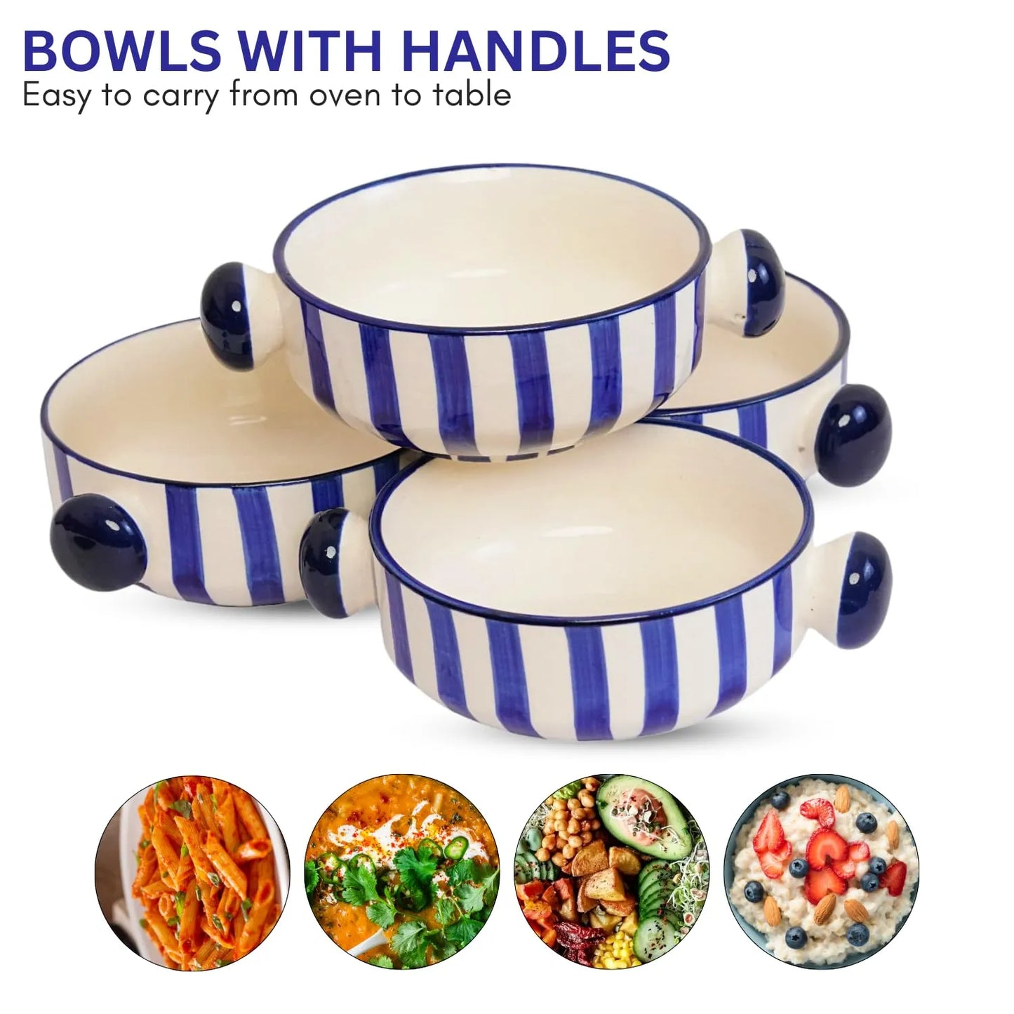 Hand-Painted White & Blue Stripey Soup Bowls