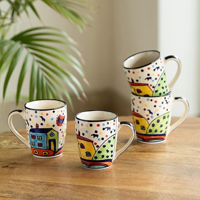 Hut Design Hand-Painted Ceramic Tea Cups/Milk Mugs - Set of 2