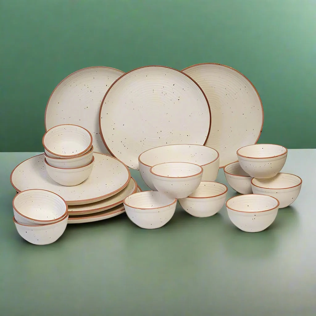 Handcrafted Off White Ceramic Dinner Set with Bowls - 19 Pcs