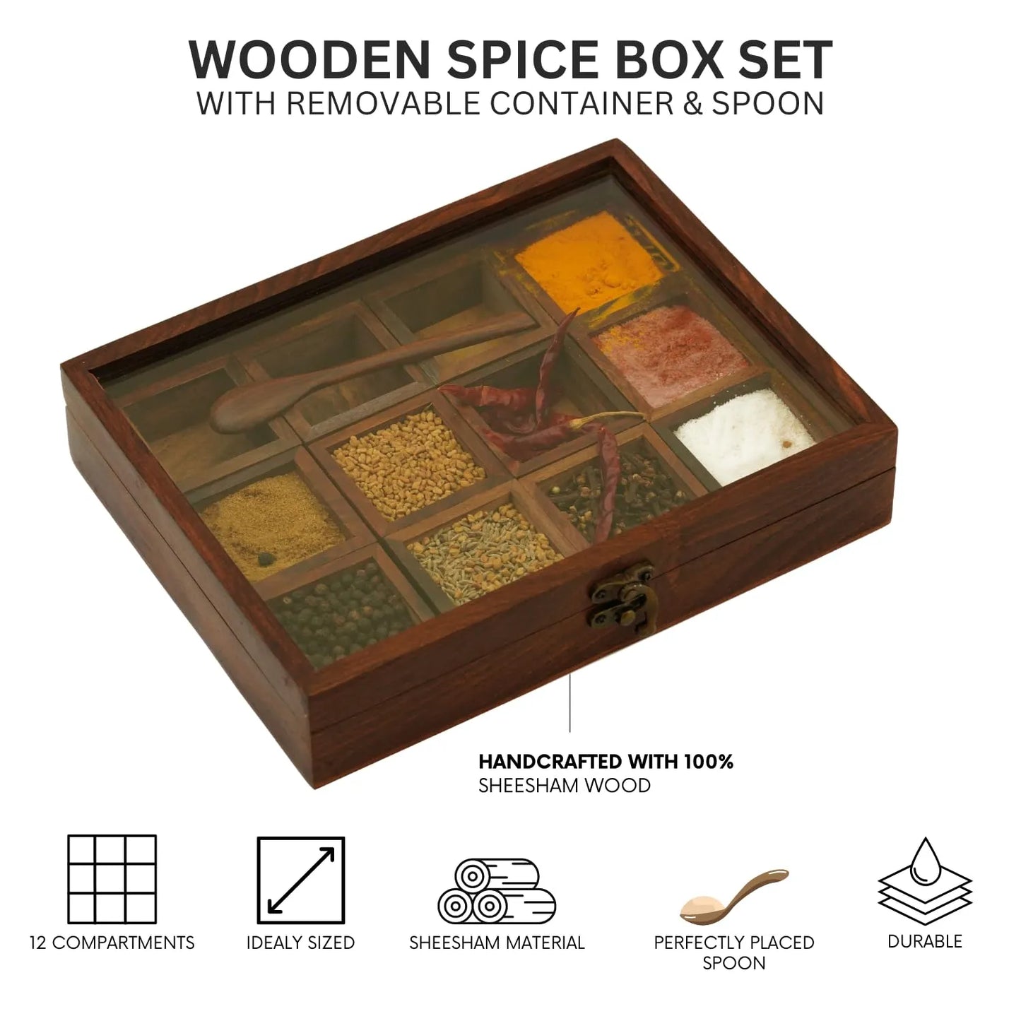 Elegant Sheesham Wooden Masala Box with 12 Spice Containers & Spoon
