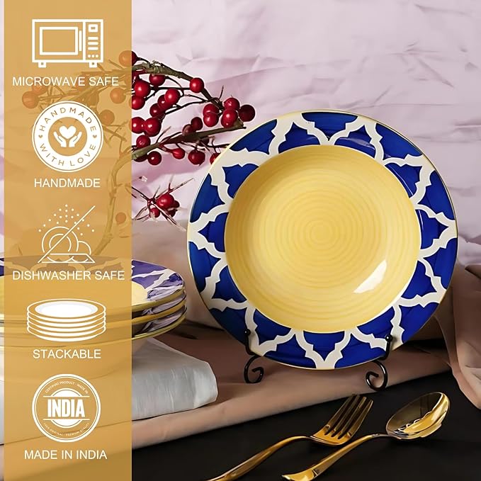 Blue, White & Yellow Ceramic Soup/Maggi/Pasta Plates - Set of 4
