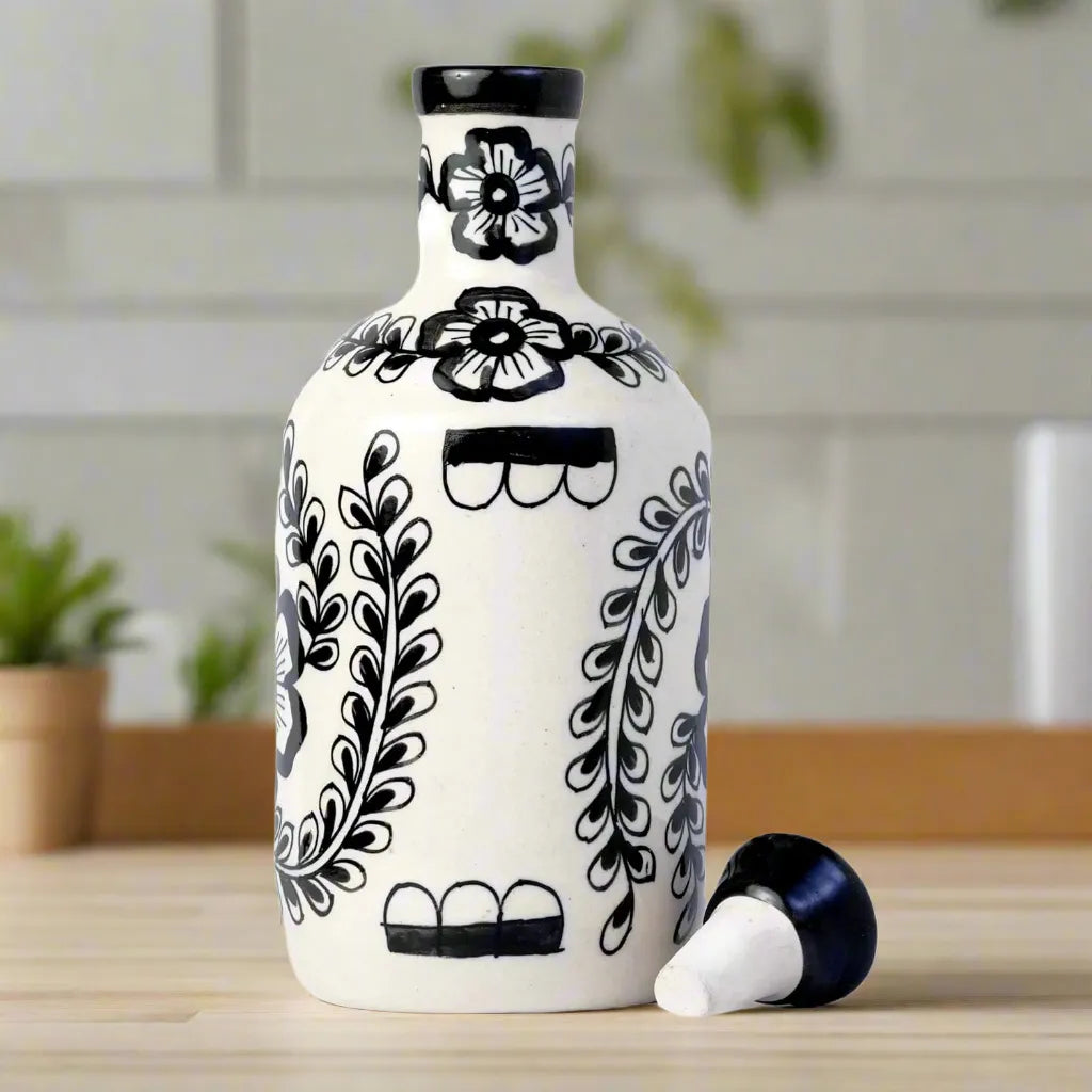 Ceramic Food & Microwave Safe Oil Dispenser with Black Flower Pattern - 1000 ml