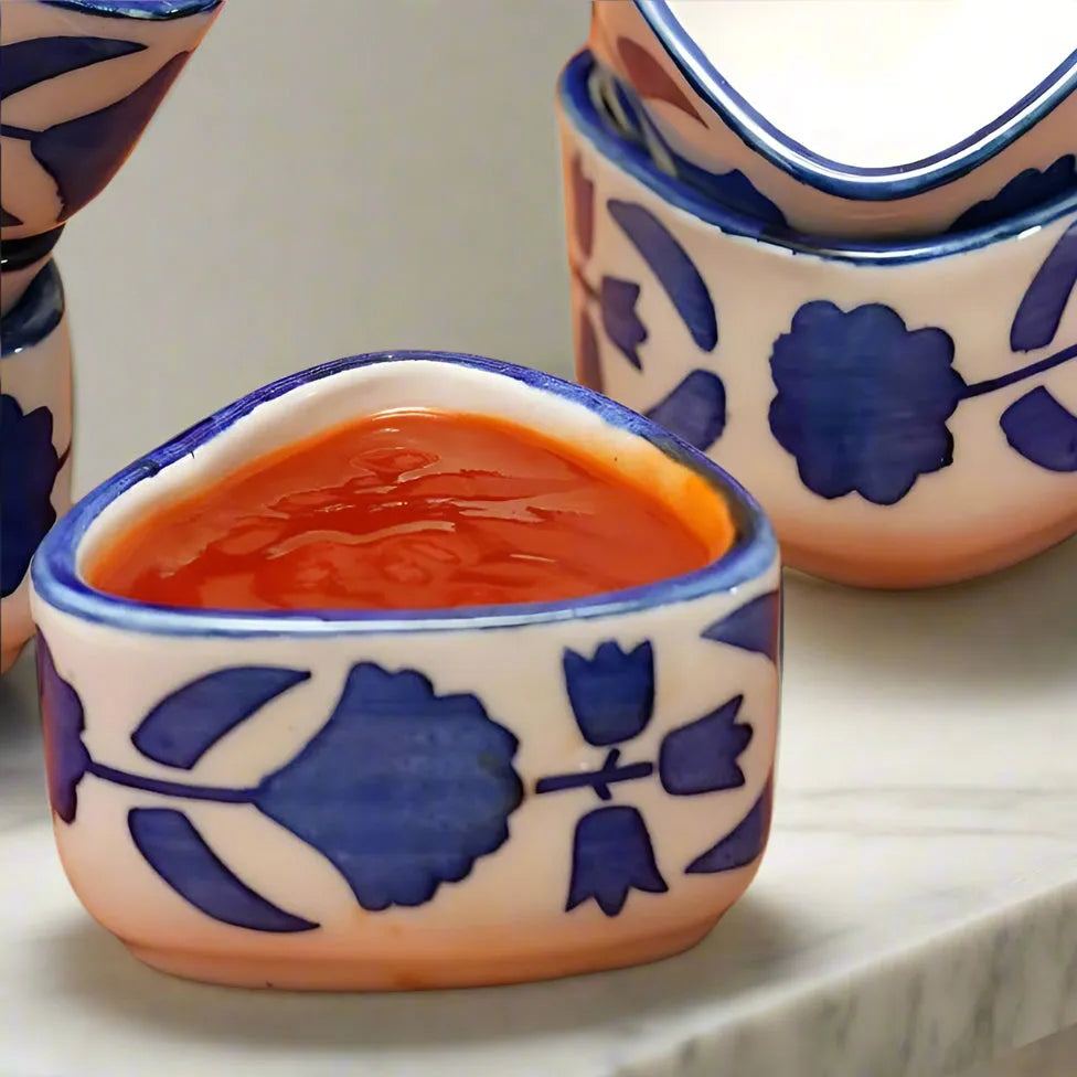 Blue & White Flower Design Hand Painted Ceramic Dip Bowls