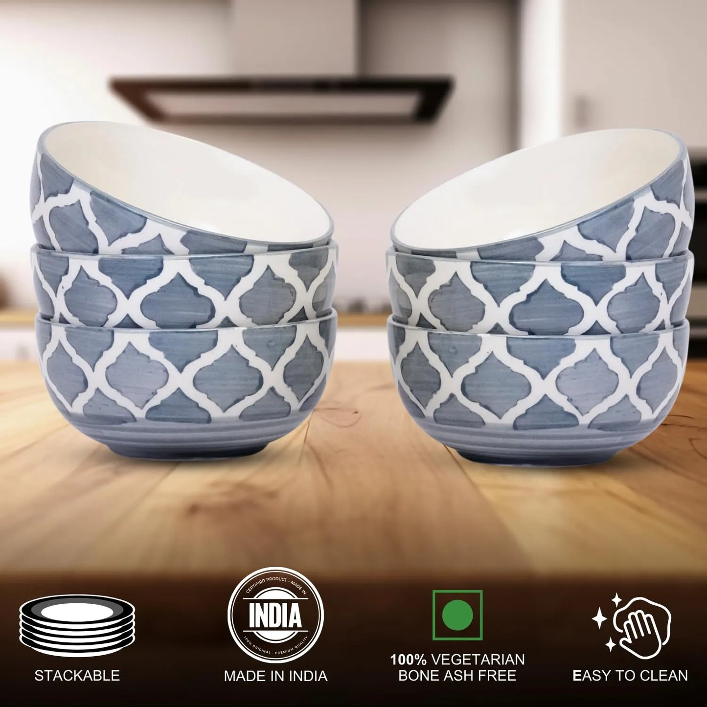 Hand-Painted Umrao Pattern Classic Grey & White Ceramic Bowls