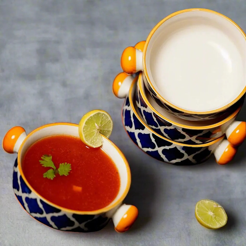 Blue & Yellow Moroccan Ceramic Soup/Serving Bowls with Handles - 300 ml