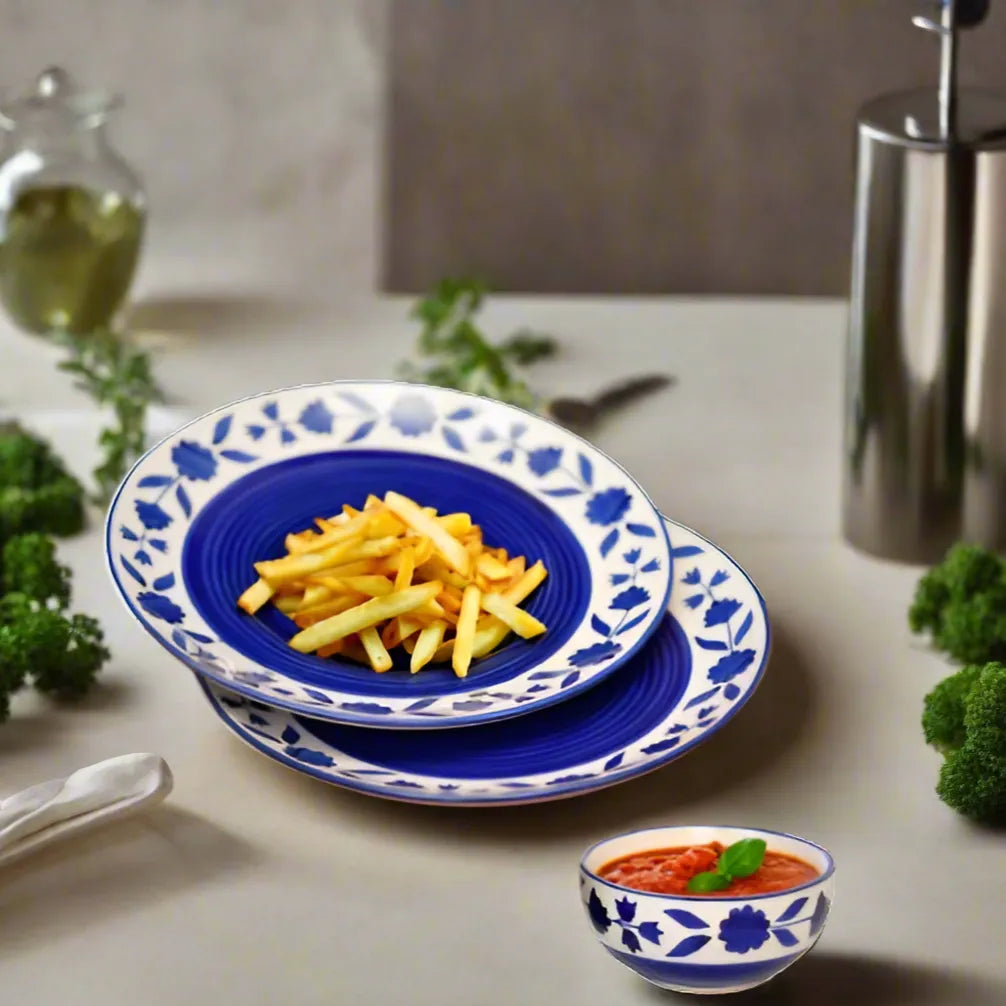 Royal Blue Hand-Painted Floral Ceramic Dinner Set - 4 Dinner Plates & 4 Serving Bowls