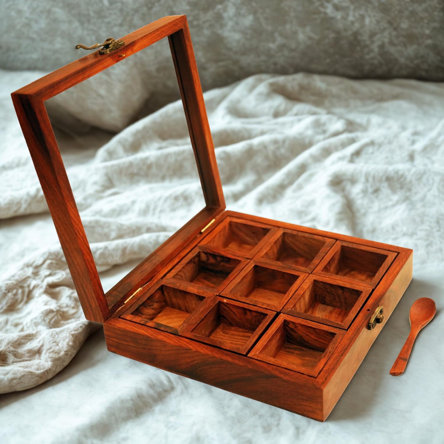 Heritage Sheesham Wood Spice Box with 9 Removable Containers & Spoon
