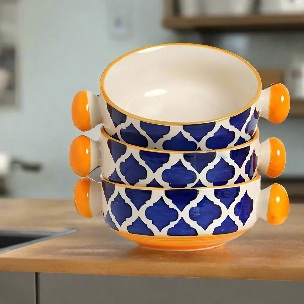 Blue & Yellow Moroccan Ceramic Soup/Serving Bowls with Handles - 300 ml