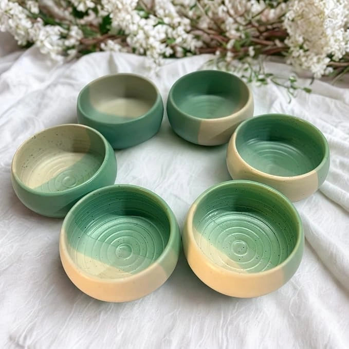 Handcrafted Green & Beige Dual Tone Ceramic Bowls