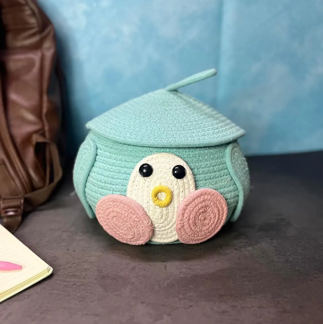 Blue Penguin Cotton Storage Basket with Lid