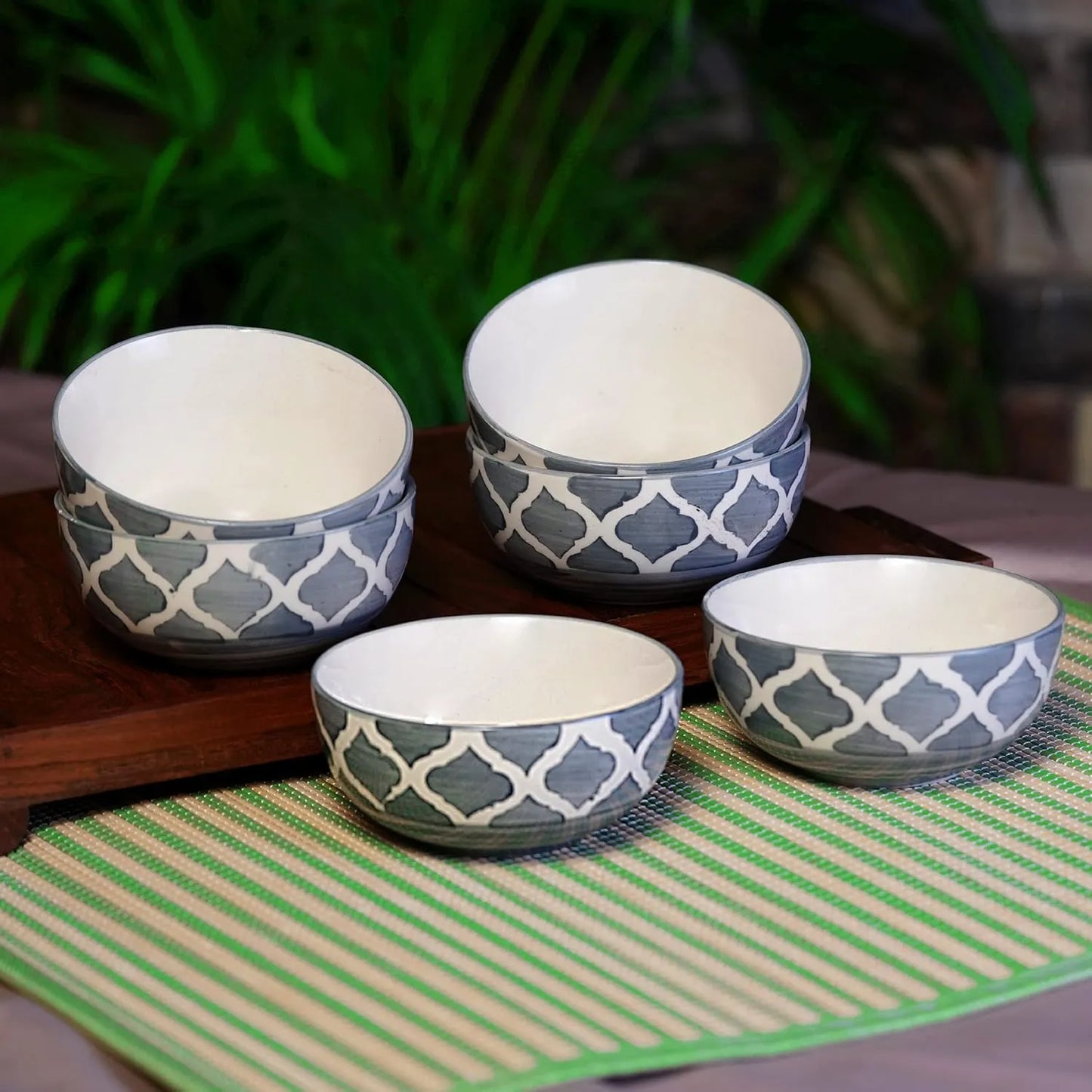 Hand-Painted Umrao Pattern Classic Grey & White Ceramic Bowls