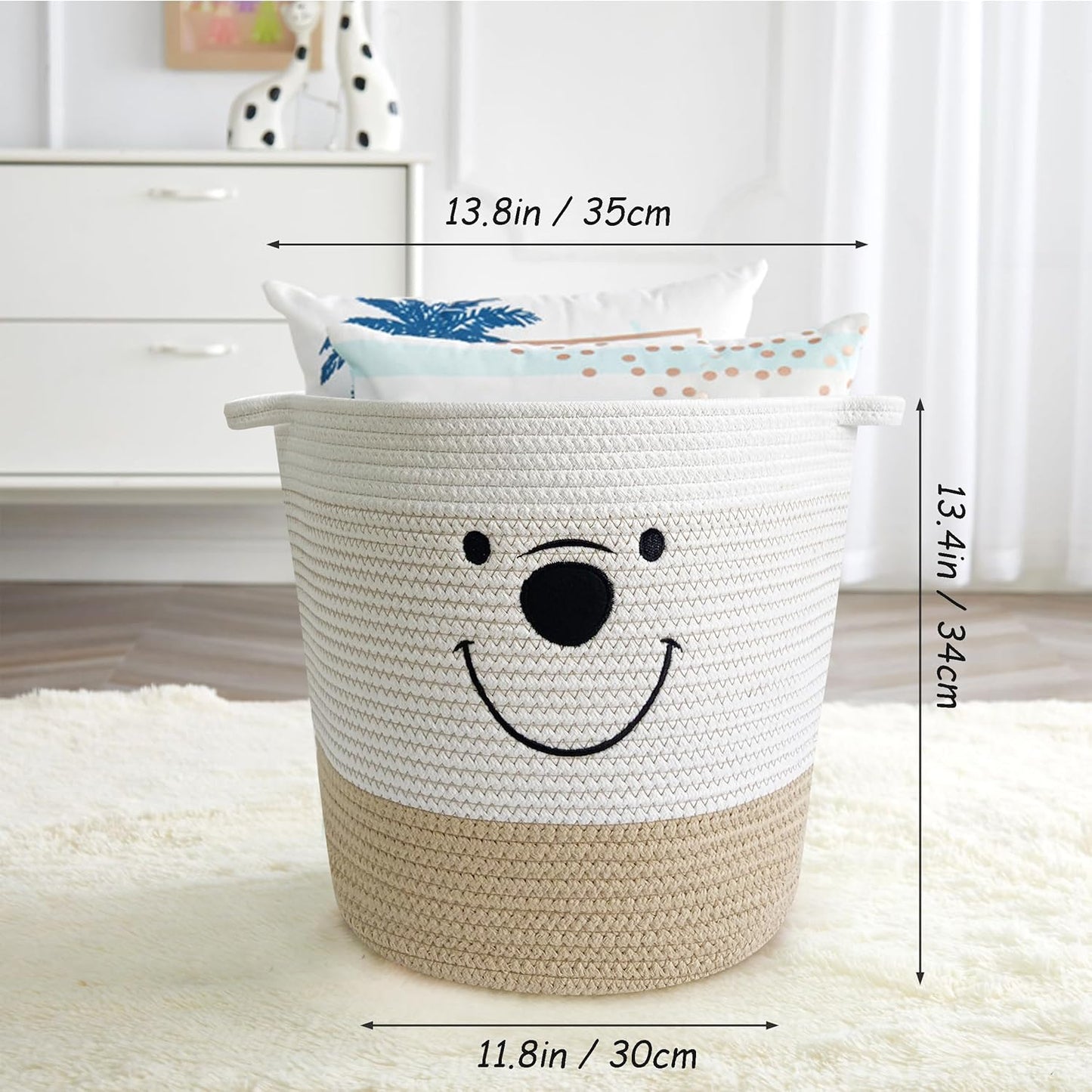 White & Beige Smiley Bear Cotton Organizer Basket