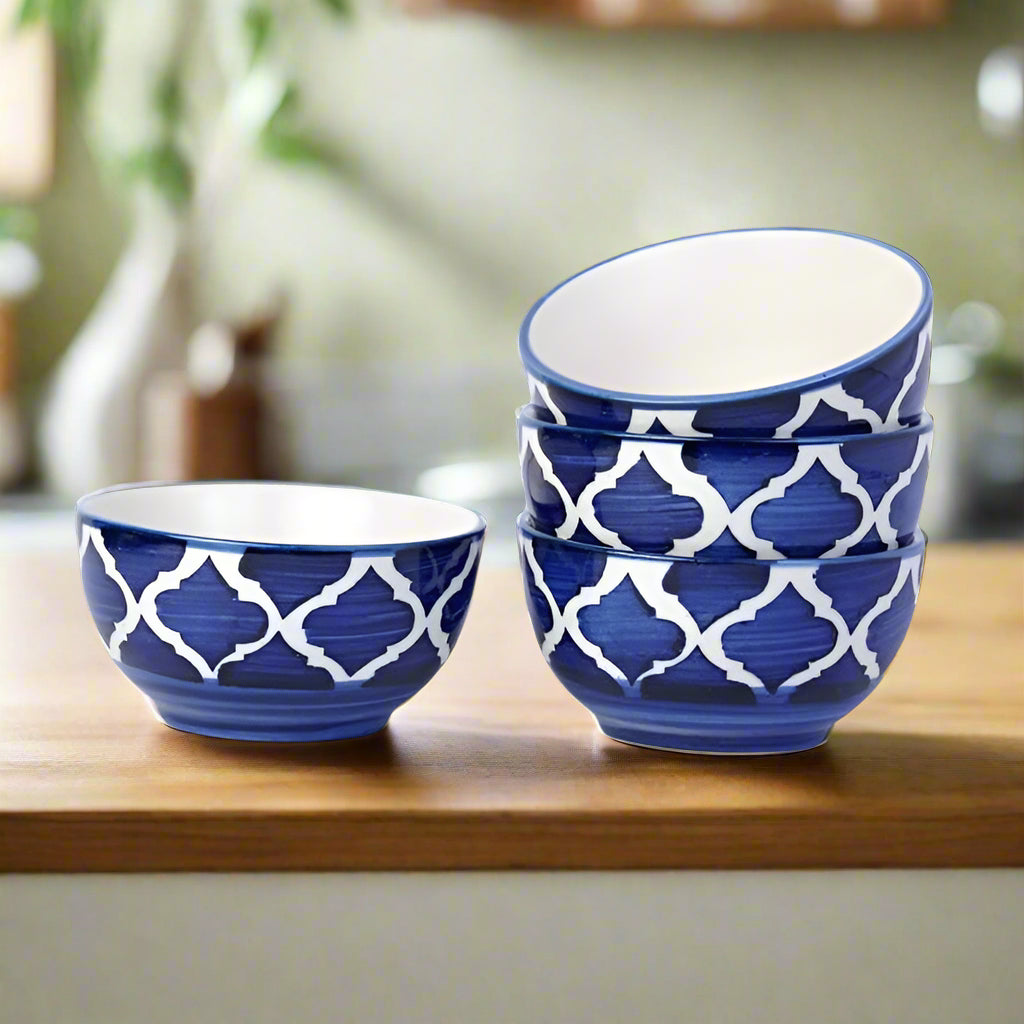 Blue Hand-Painted Umrao Glossy Ceramic Bowl - Set of 4