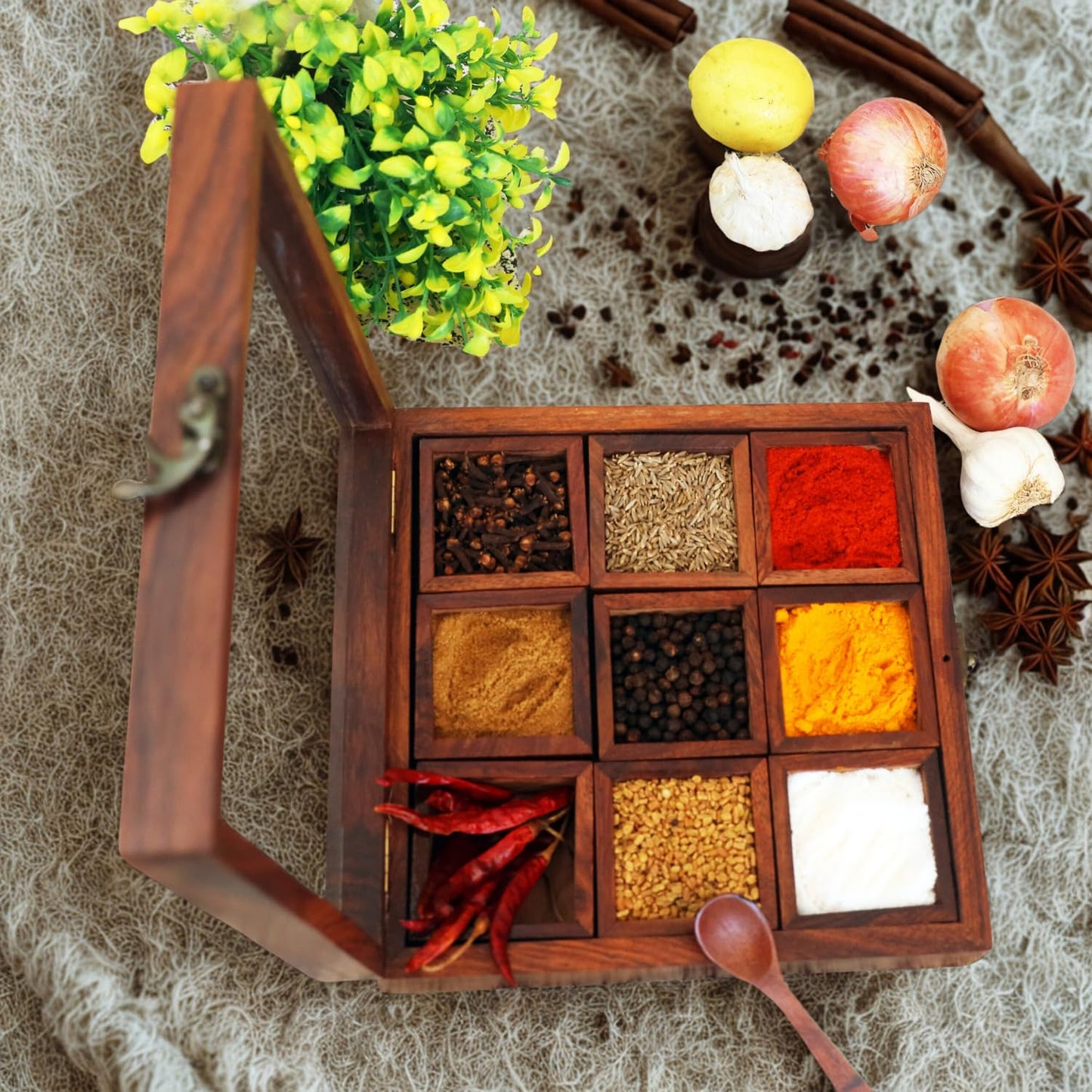 Heritage Sheesham Wood Spice Box with 9 Removable Containers & Spoon