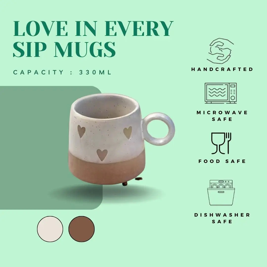 Love in Every Sip Beige Ceramic Heart Coffee Mug - 330 ml