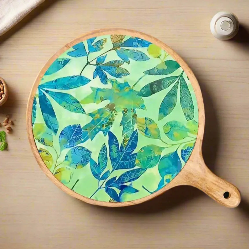 Tropical Green & Blue Leaves Print Wooden Serveware
