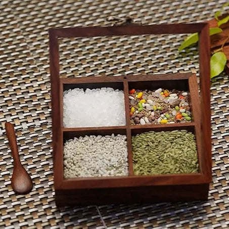 Handcrafted Artisanal Sheesham Wood Square Masala Box with Spoon
