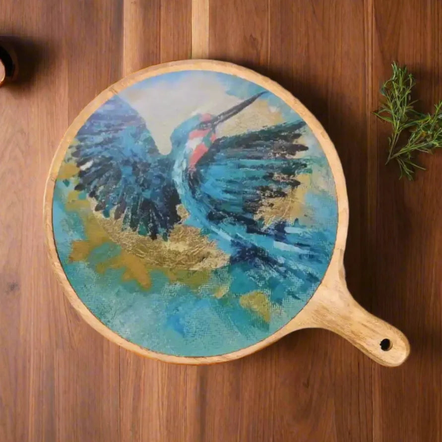 Elegant Blue Kingfisher Print Wooden Serveware