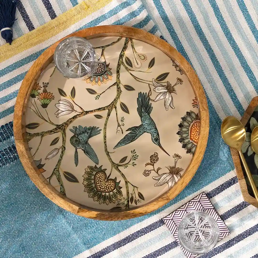 Attractive Birds & Flowers Print Wooden Serveware