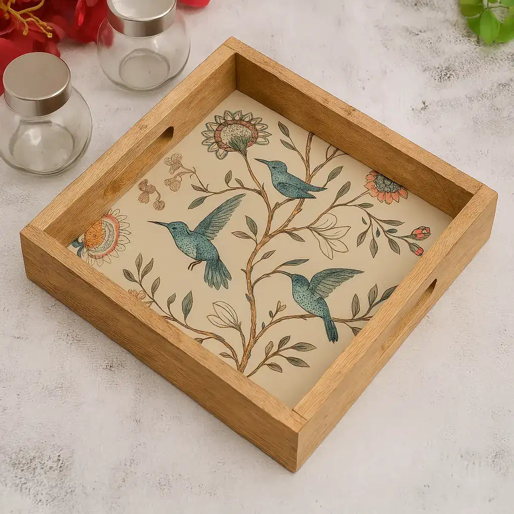 Attractive Birds & Flowers Print Wooden Serveware