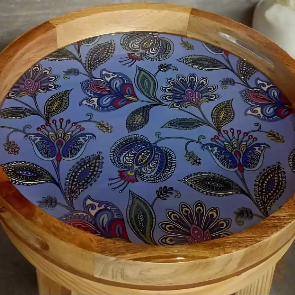 Blue Floral Print Wooden Serveware