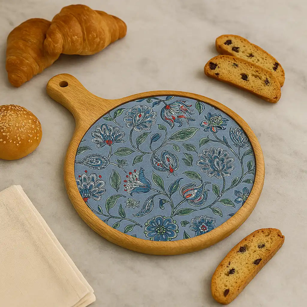 Blue Floral Print Wooden Serveware