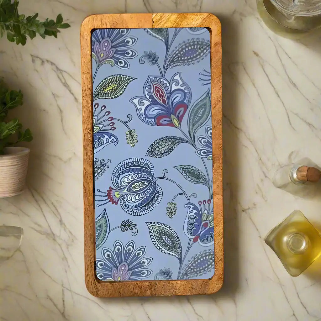 Blue Floral Print Wooden Serveware