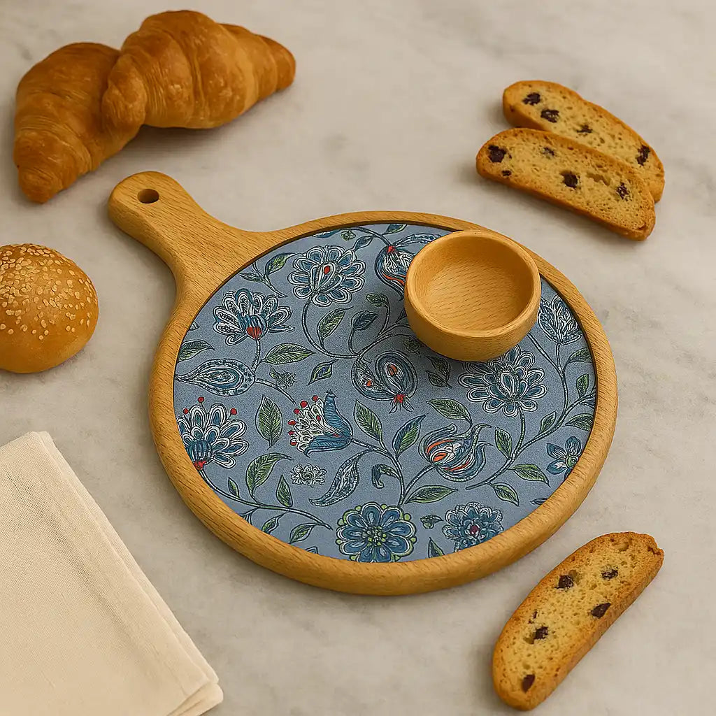 Blue Floral Print Wooden Serveware