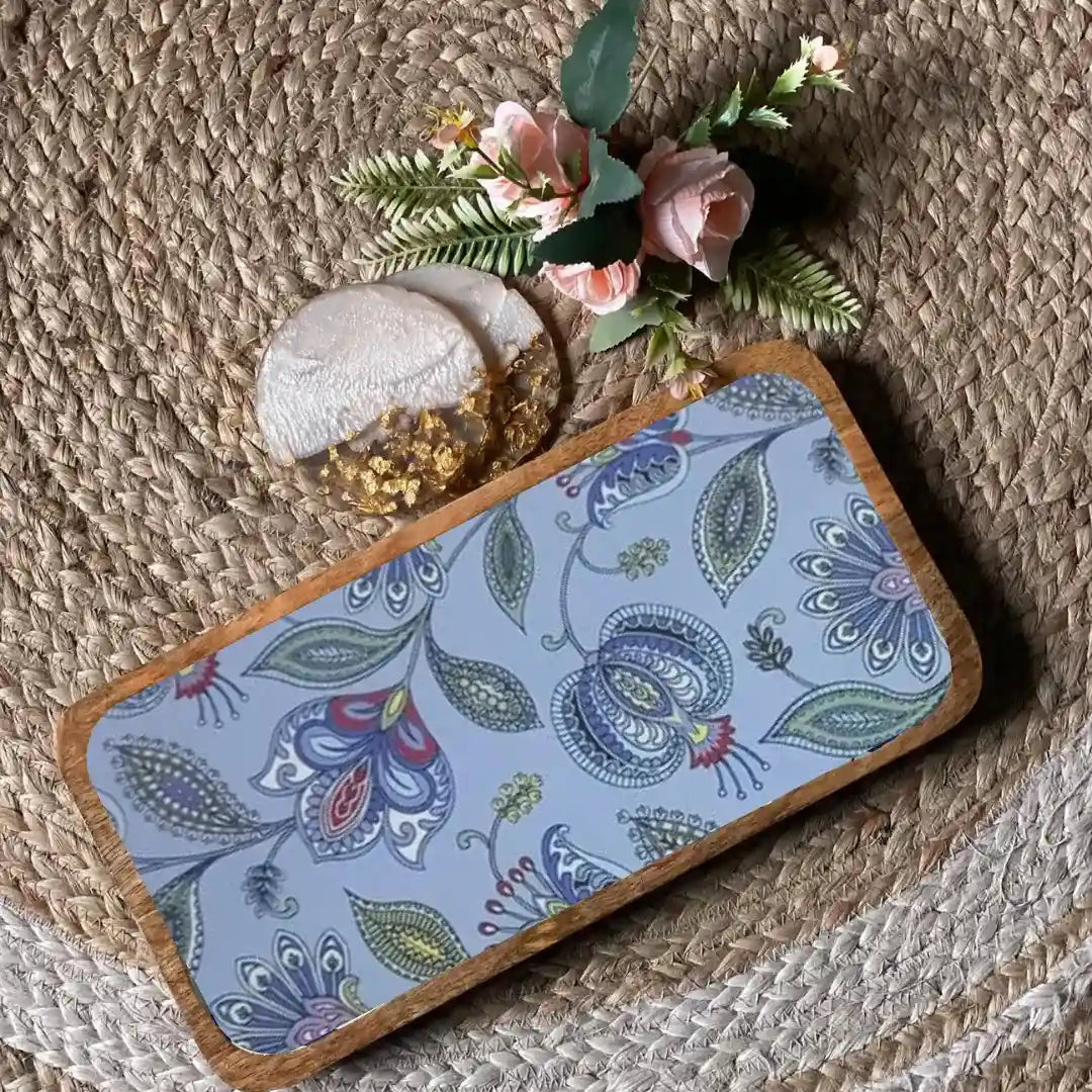 Blue Floral Print Wooden Serveware