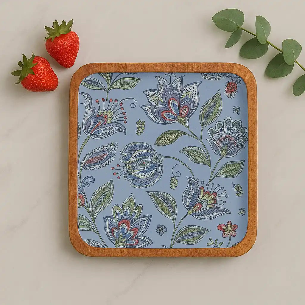 Blue Floral Print Wooden Serveware