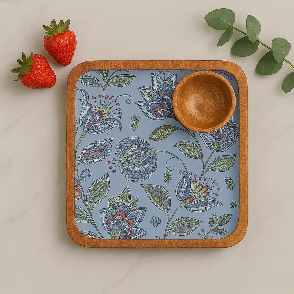 Blue Floral Print Wooden Serveware