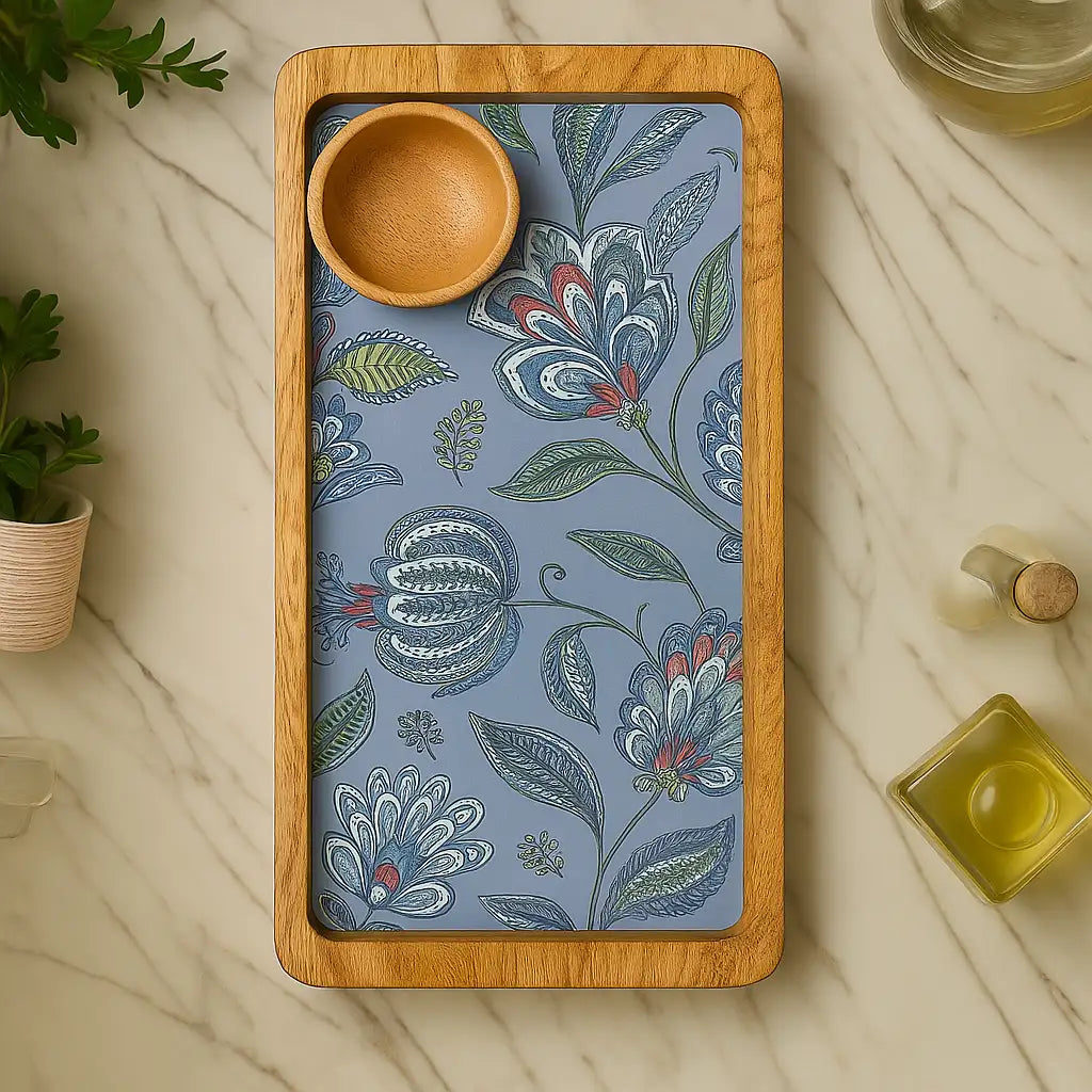 Blue Floral Print Wooden Serveware