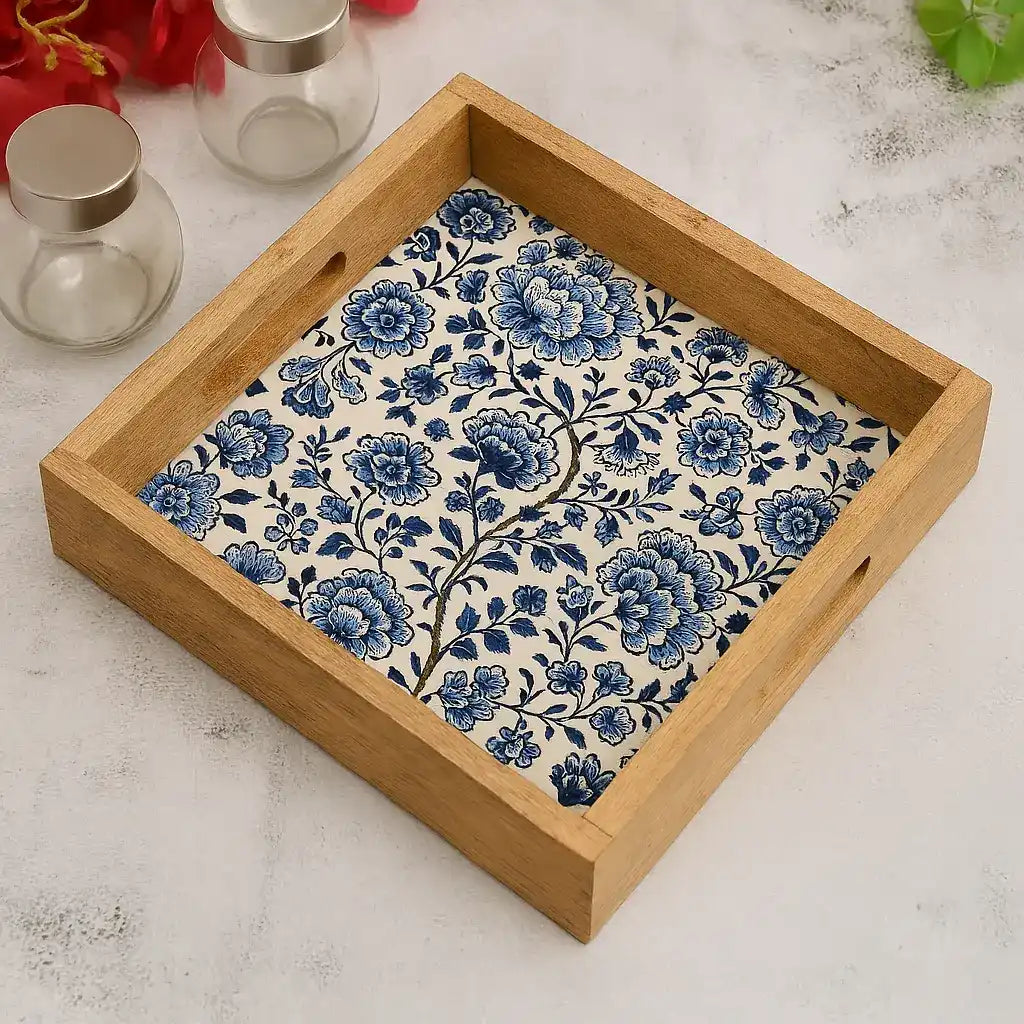 Elegant Blue Blossom Print Wooden Serveware