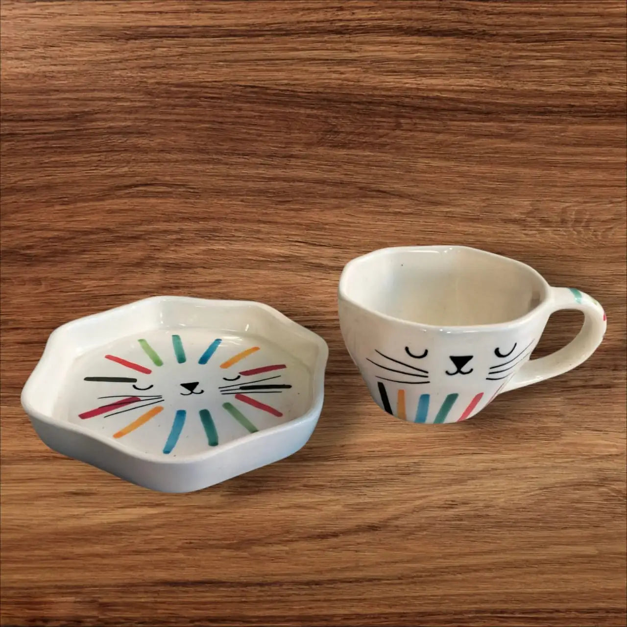 Cute Cat Face Colorful Ceramic Cup & Saucer